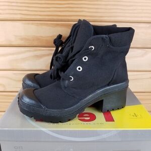 Black Canvas Combat Military Biker Moto Ankle Boots Lace up 7.5M Block Heel NEW